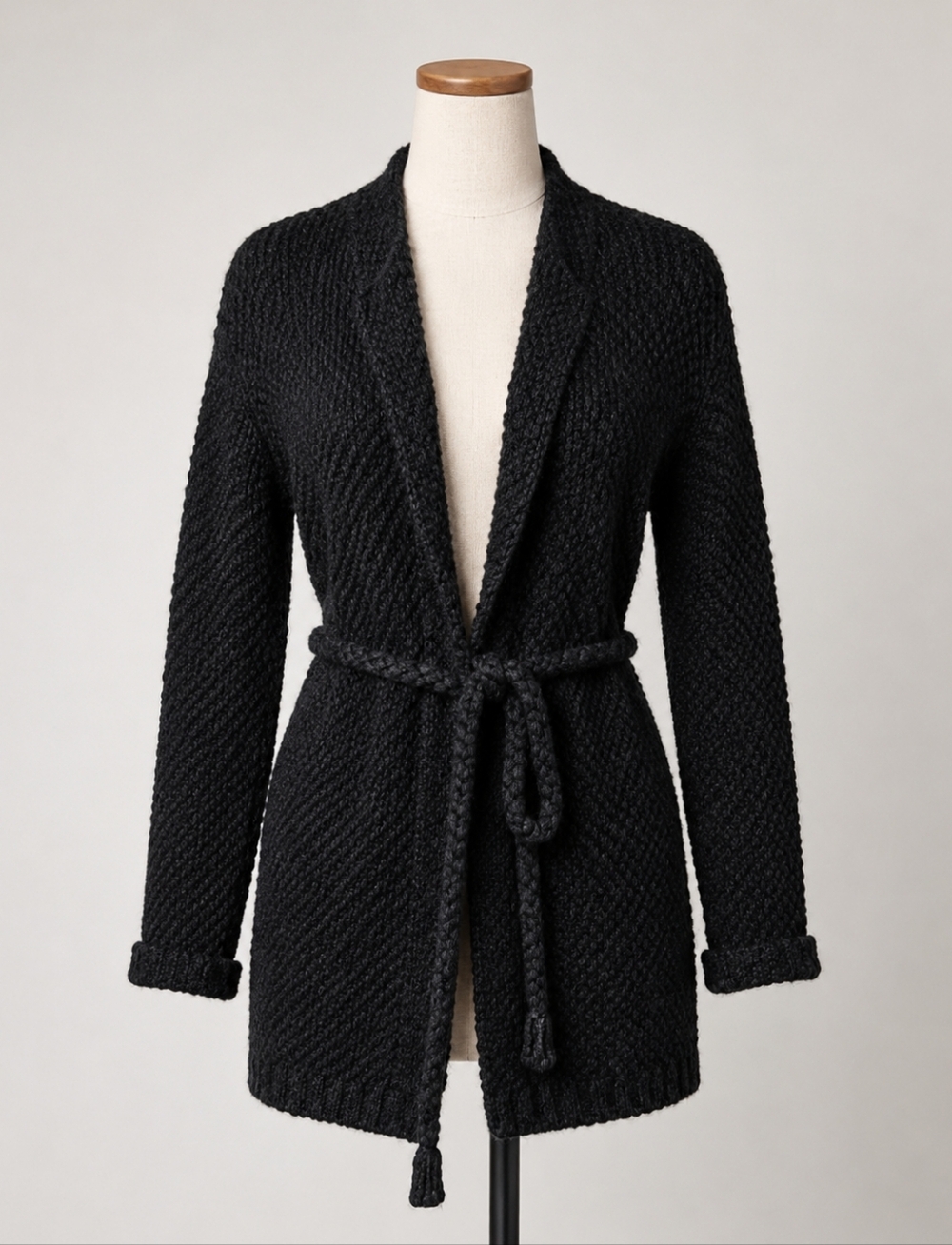 Oui Black Chunky Knit Belted Cardigan Sweater Wool Alpaca Blend Women’s Size 4